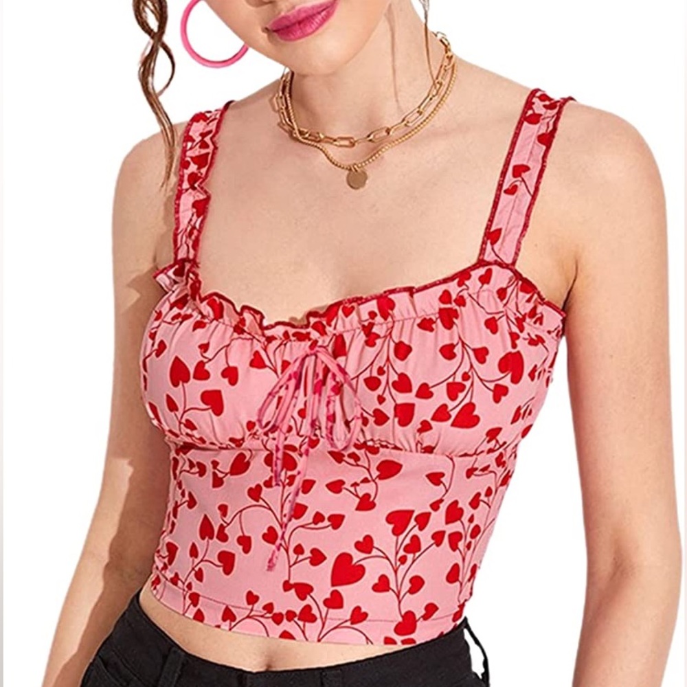 Women Heart Print Cami Top Spaghetti Strap Crop Tops